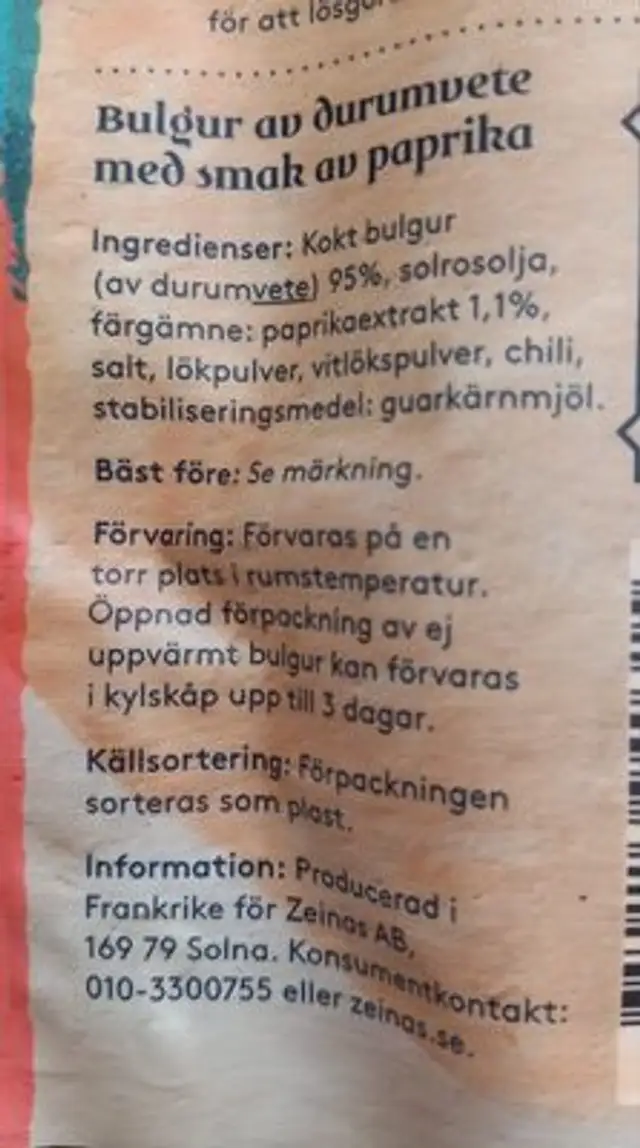 Bulgur Paprika ingredients label