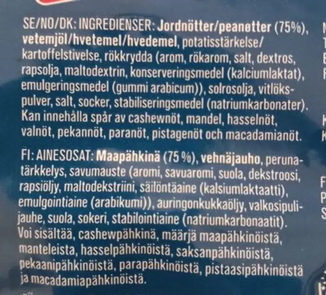 Jordnötter Smokey BBQ ingredients label