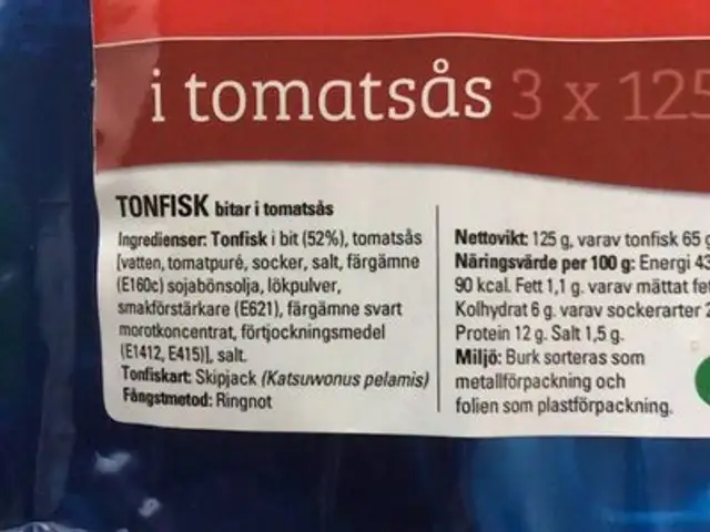 Tonfisk i tomatsås ingredients label