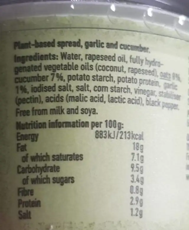 Creamy oat spread Garlic & Cucumber nutrition facts table