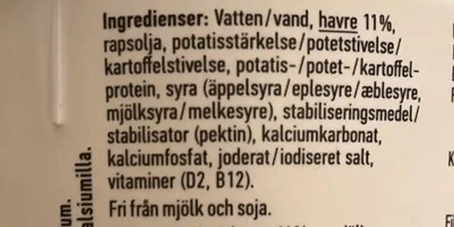 Havregurt ingredients label