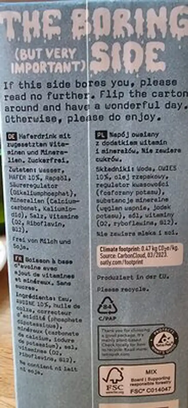 Drink „No sugars Hafer“ ingredients label