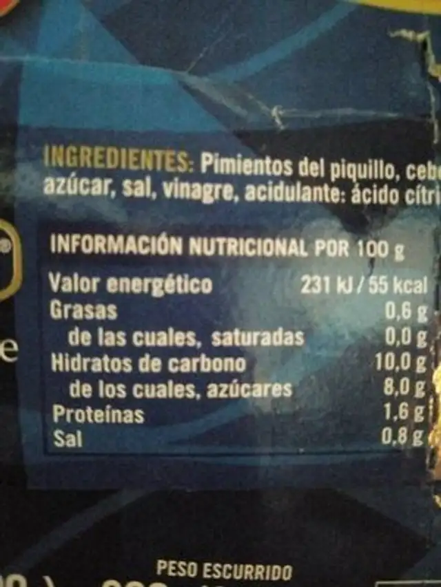 Ensalada de pimientos del piquillo nutrition facts table