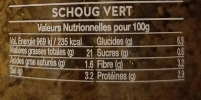 Schoug vert nutrition facts table