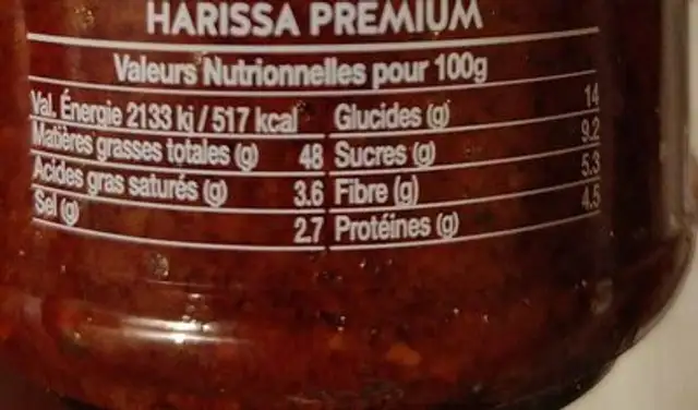 Harissa Premium nutrition facts table