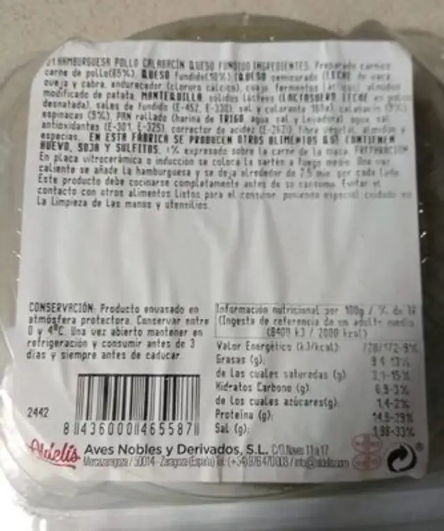 Hamburguesa de pollo con calabacín y queso fundido nutrition facts table