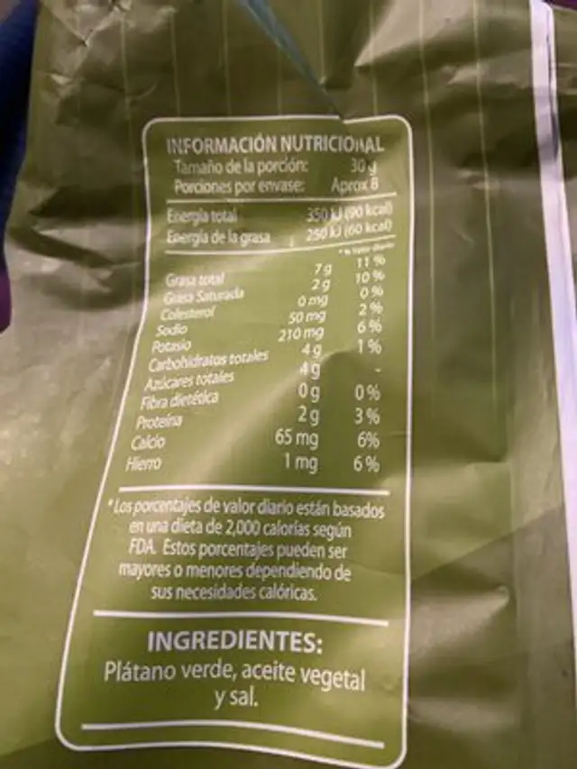 Patacones ingredients label