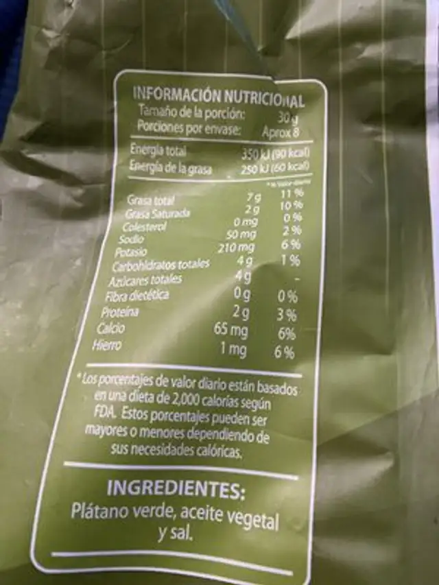 Patacones nutrition facts table