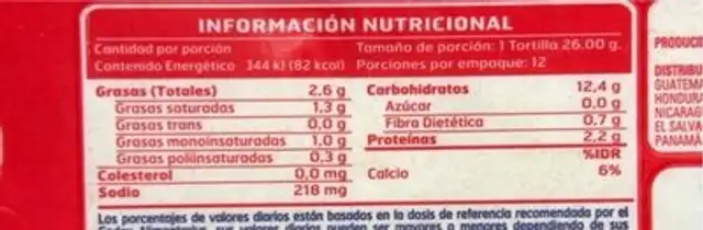Rapiditas Clásicas nutrition facts table