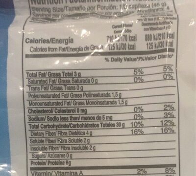 Instant Oats nutrition facts table
