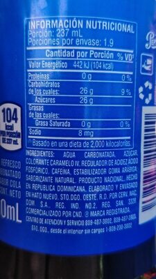 Pepsi nutrition facts table