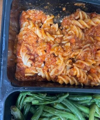 Fusilli & Ground Pork Tomato Ragu with Roasted Green Beans