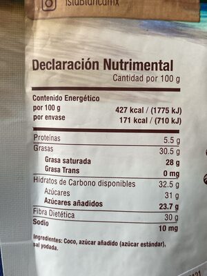 ISLA BLANCA COCO HORNEADO nutrition facts table