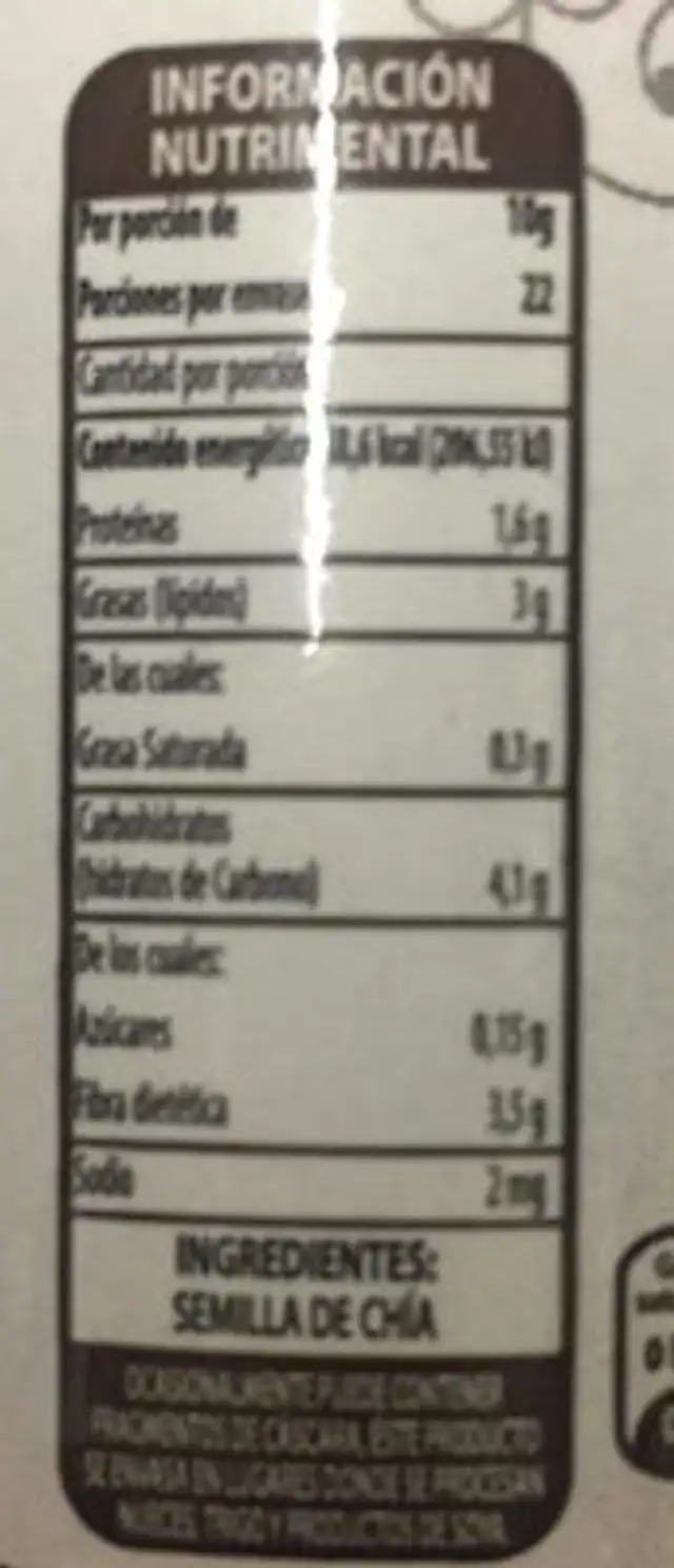 Chia Wand's nutrition facts table