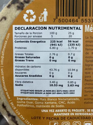 Tortillas de maíz natural nutrition facts table