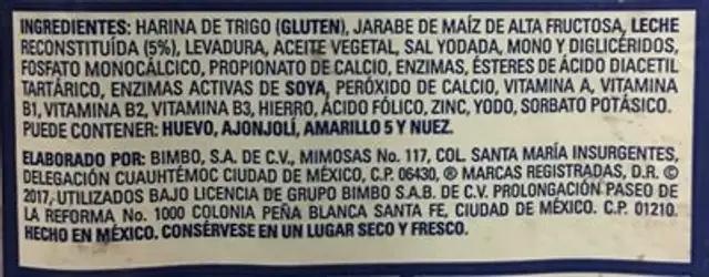 Pan Bimbo Blanco ingredients label