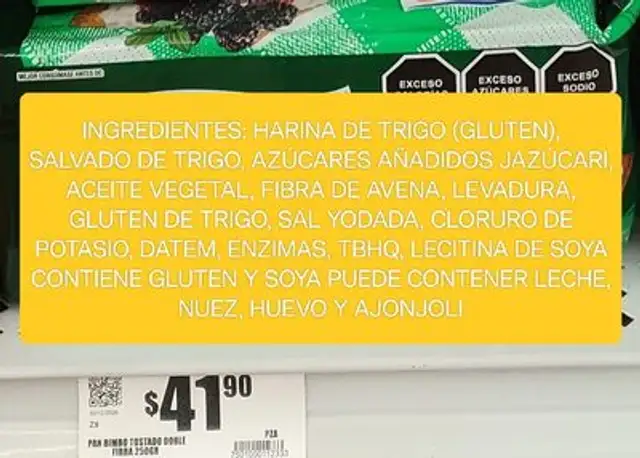 Bimbo Tostado Doble Fibra ingredients label