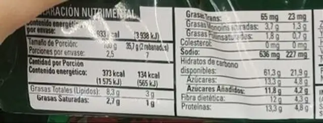 Bimbo Tostado Doble Fibra nutrition facts table