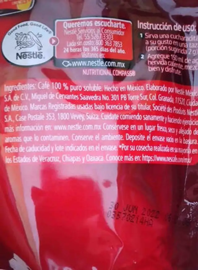 Nescafé ingredients label