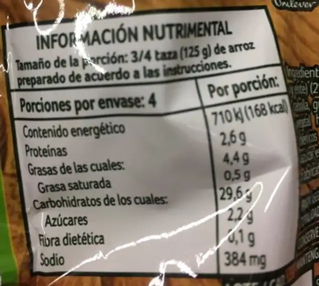 Arroz a la poblana Knorr nutrition facts table