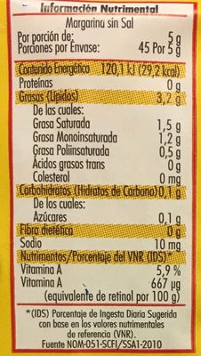 Margarina sin sal Aurrera nutrition facts table