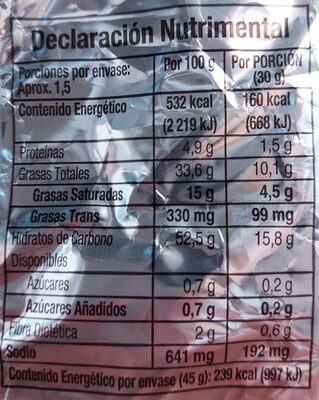 Sabritas limon nutrition facts table