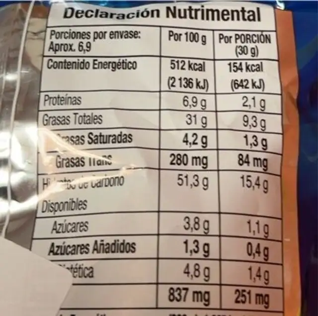 Paque-Taxo nutrition facts table