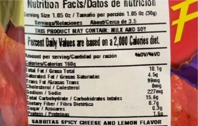 Receta Crujiente Flamin Hot nutrition facts table