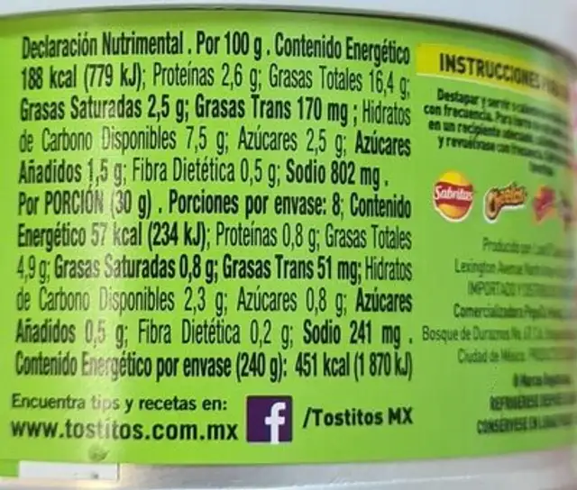 Tostitos Dip Cebolla francesa nutrition facts table