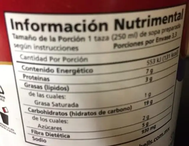 LENTEJAS A LA MEXICANA nutrition facts table