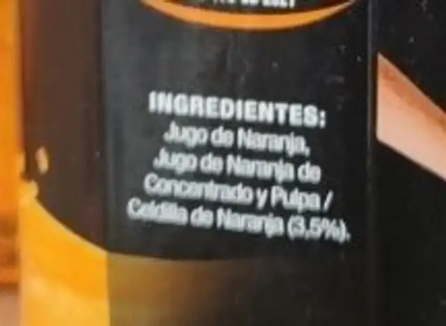 Jugo de naranja ingredients label