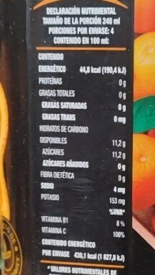Jugo de naranja nutrition facts table