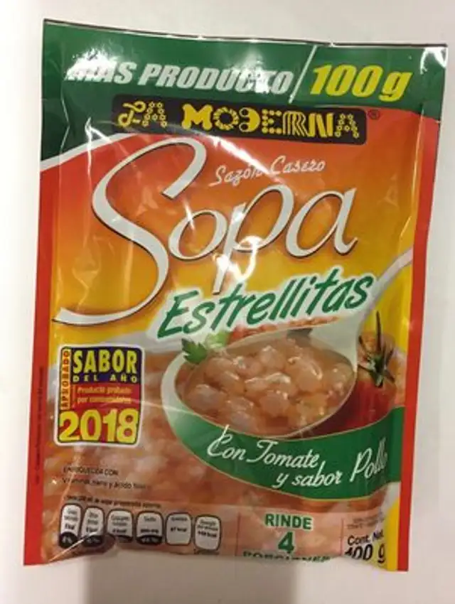 Sopa estrellitas con tomate y sabor pollo front packaging