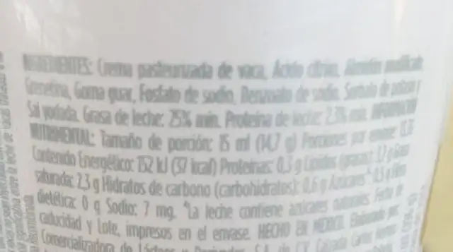 Crema fresca ingredients label