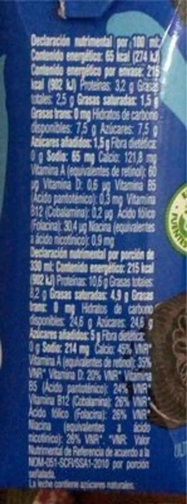 Leche y cookies & cream nutrition facts table