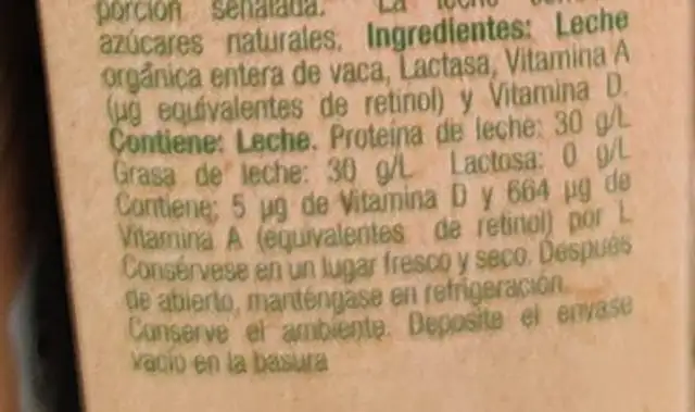 Lala organica deslactosada ingredients label