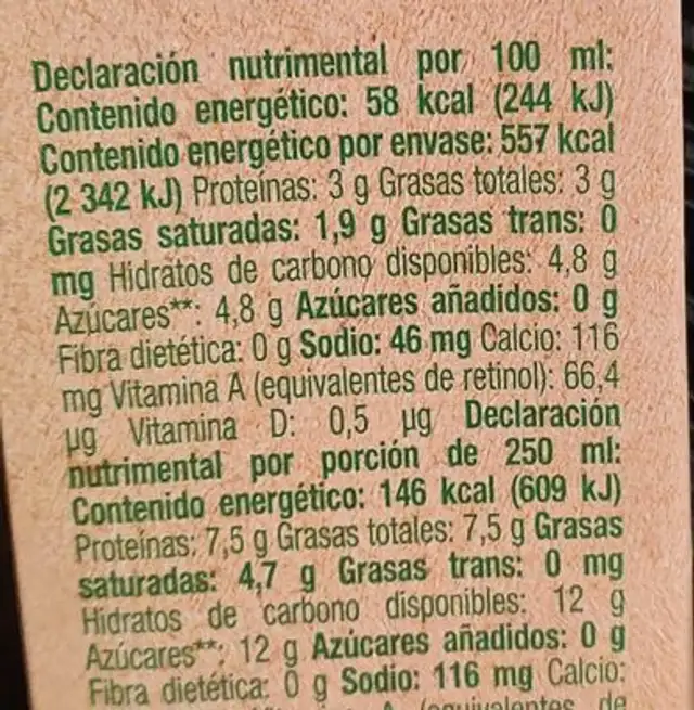 Lala organica deslactosada nutrition facts table
