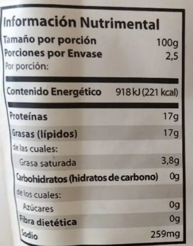 Chilorio nutrition facts table