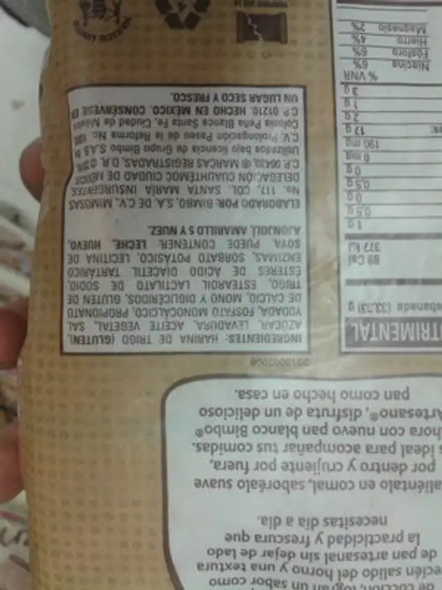 Pan artesano nutrition facts table