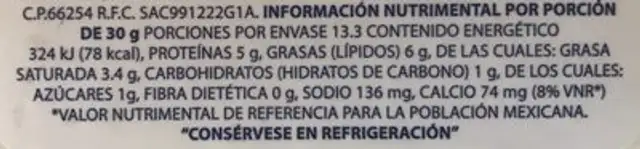 Queso estilo Panela La Villita nutrition facts table
