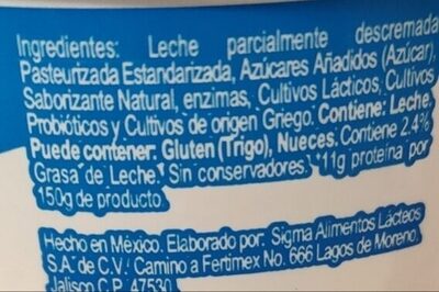 Yoghurt sabor natural estilo griego ingredients label