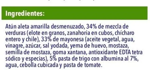 Ensalada de Atún con pasta ingredients label