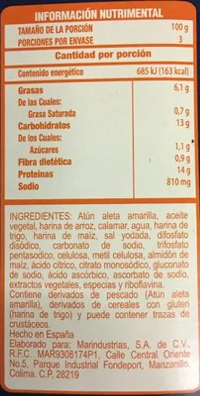 Nuggets de atún, Tuny, nutrition facts table