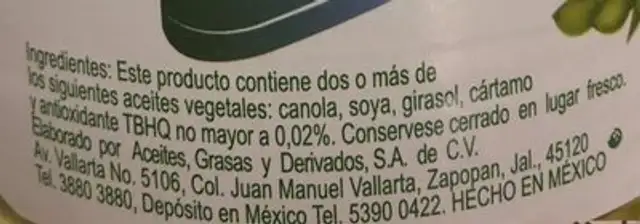 Aceite Kártamus ingredients label