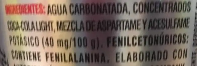 Coca Cola Light 2L ingredients label