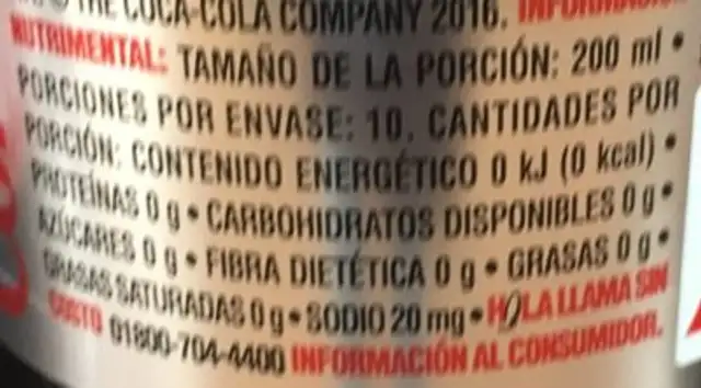 Coca Cola Light 2L nutrition facts table