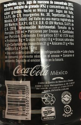 Del Valle Antiox  Manzana y Granada nutrition facts table
