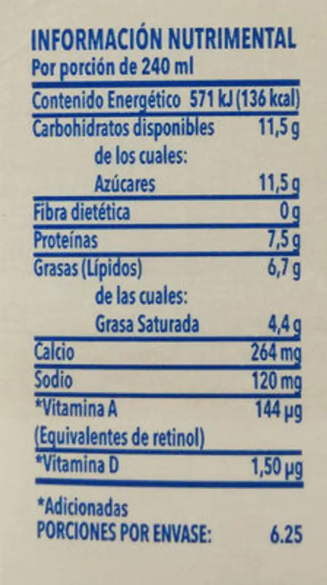 Leche de vaca clásica nutrition facts table