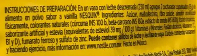 Nesquik sabor a vainilla ingredients label