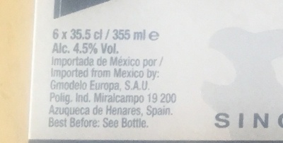 Corona Extra 0,355lx6 flaske nutrition facts table